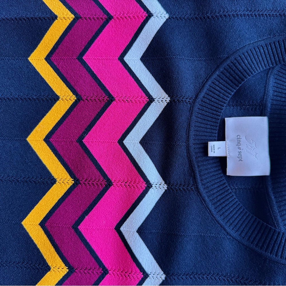 Chinti & Parker Blue and Pink Crew Neck Sweater with Zigzag Pattern